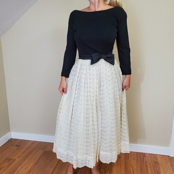 Vtg 50s 60s Fit Flare Dress Parklane Cupcake Lace/tulle V Back Midi S/4 - Picture 1 of 11